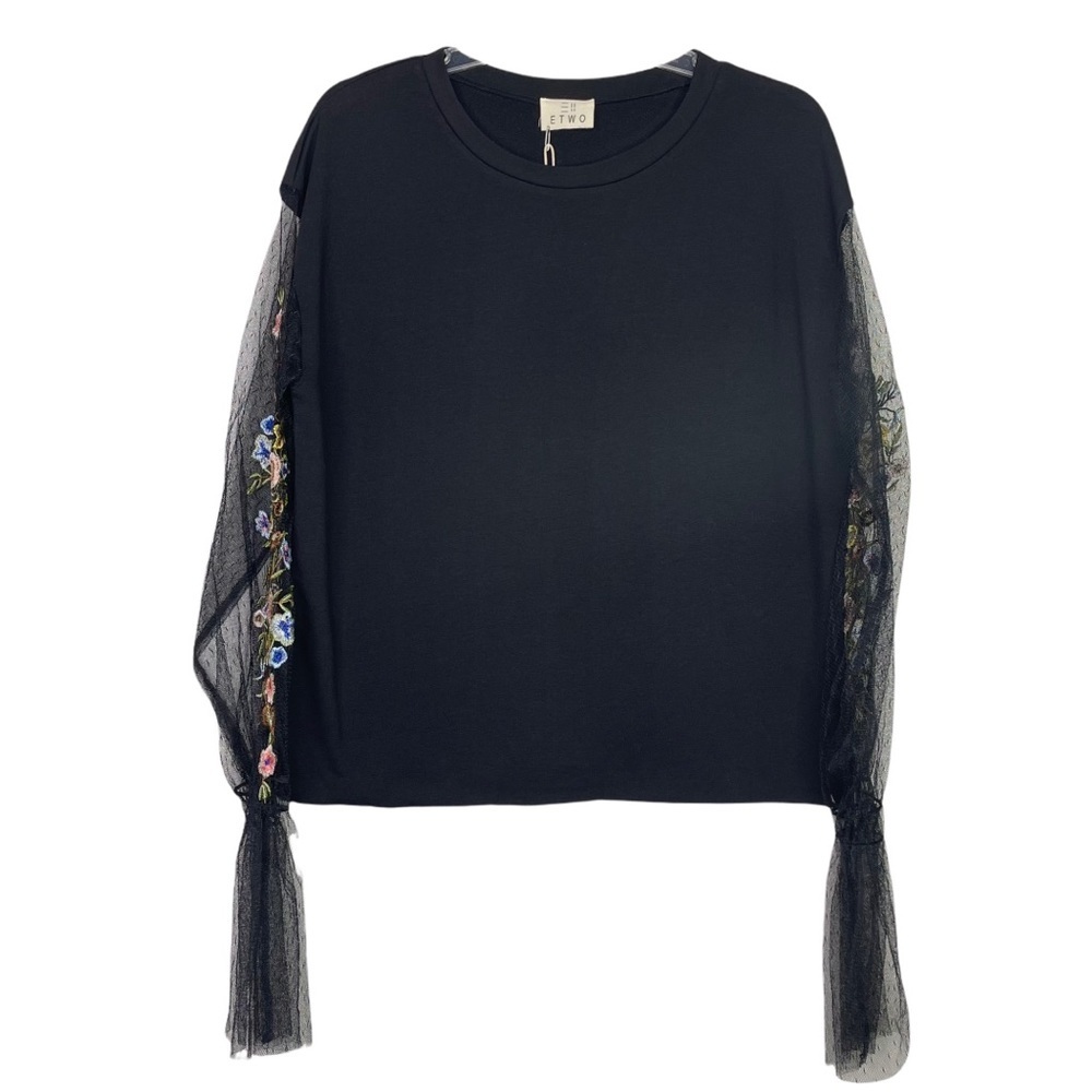 ETWO Black Top  Mesh Embroidered Detail Sleeves, Medium